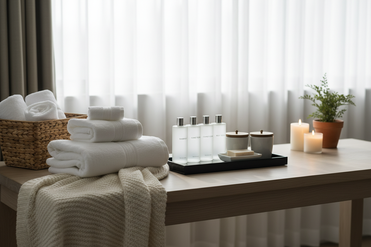 Towels, toiletries, and home comforts provided.